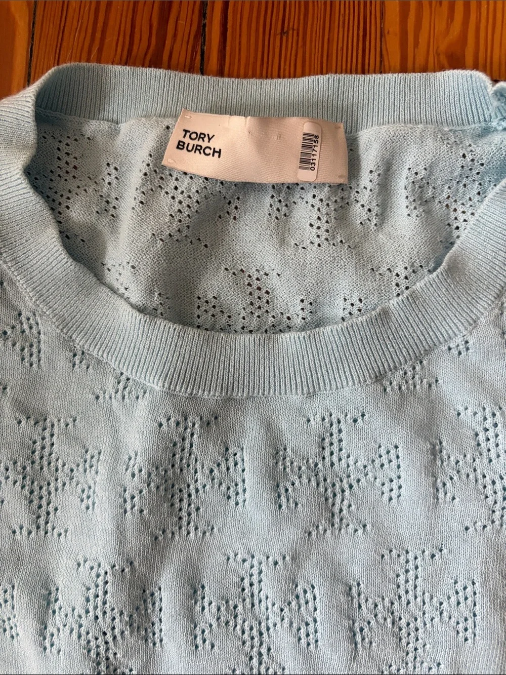 Tory Burch Light Blue Crewneck Sweater with Red Strawberry Patch